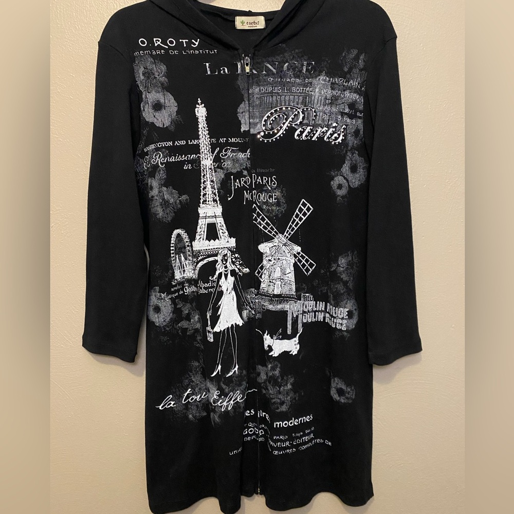 Cactus Brand Women’s Rhinestone Paris City theme Hooded Zip Up Knit Sweater
